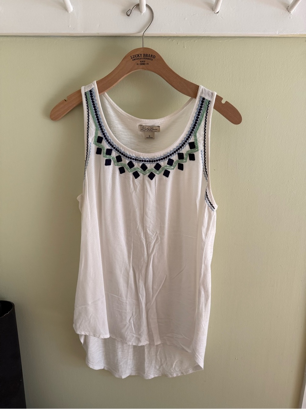 Lucky Brand White Tank with Navy and Green Embroidery
